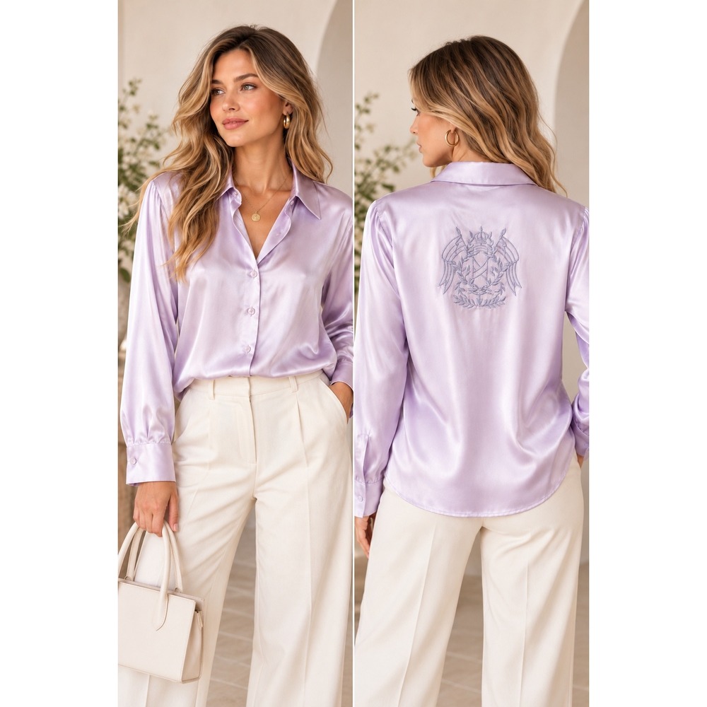 St John 100% Silk Blouse Sz 2 Lilac Embroidered Crest Button Up USA Luxury